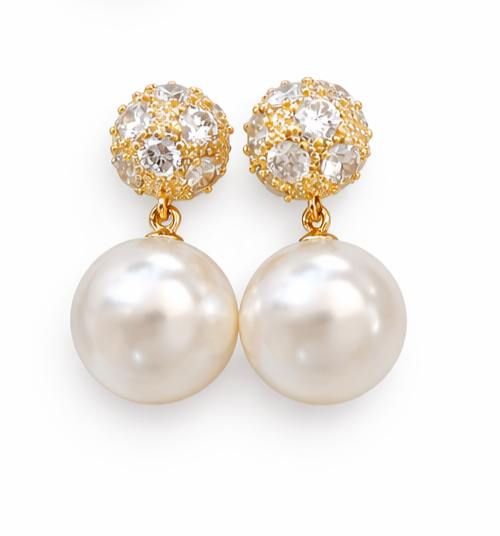 Gold Pearl Drop Earrings – CZ Crystal Snowflake, Bow, Heart or Cluster Style