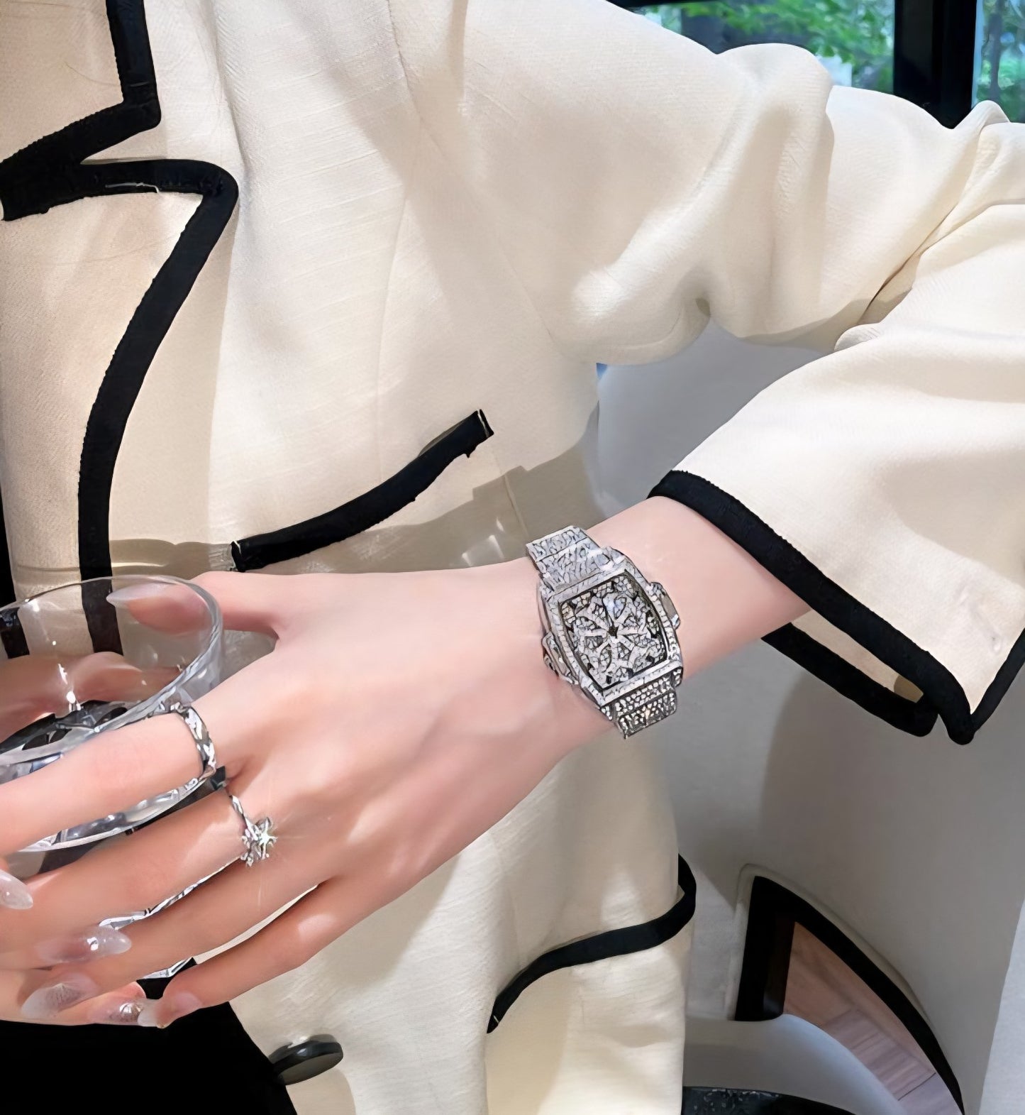 Hip Hop Iced Gold Plated Luxury Bling Simulated Diamond Square Metal Band Watch