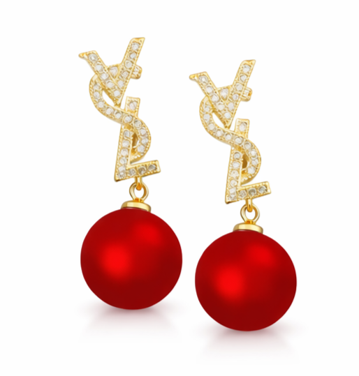 Luxury Gold-Tone Red Pearl Drop Earrings CZ Crystal Statement Jewelry