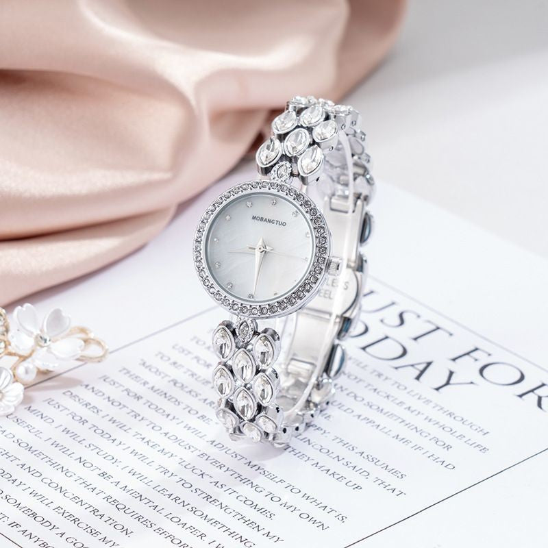 Watch And Bracelet Set Elegant Silver Rhinestone Wrist Watch For Women