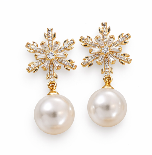 Gold Pearl Drop Earrings – CZ Crystal Snowflake, Bow, Heart or Cluster Style