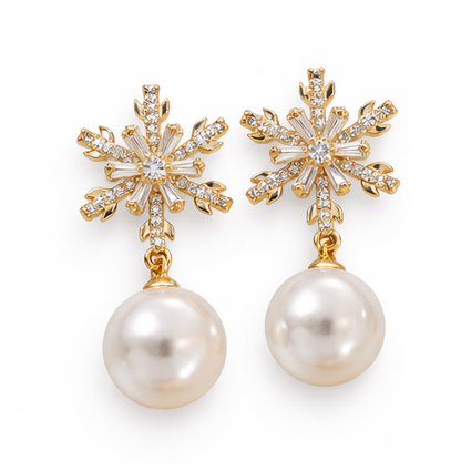 Gold Pearl Drop Earrings – CZ Crystal Snowflake, Bow, Heart or Cluster Style