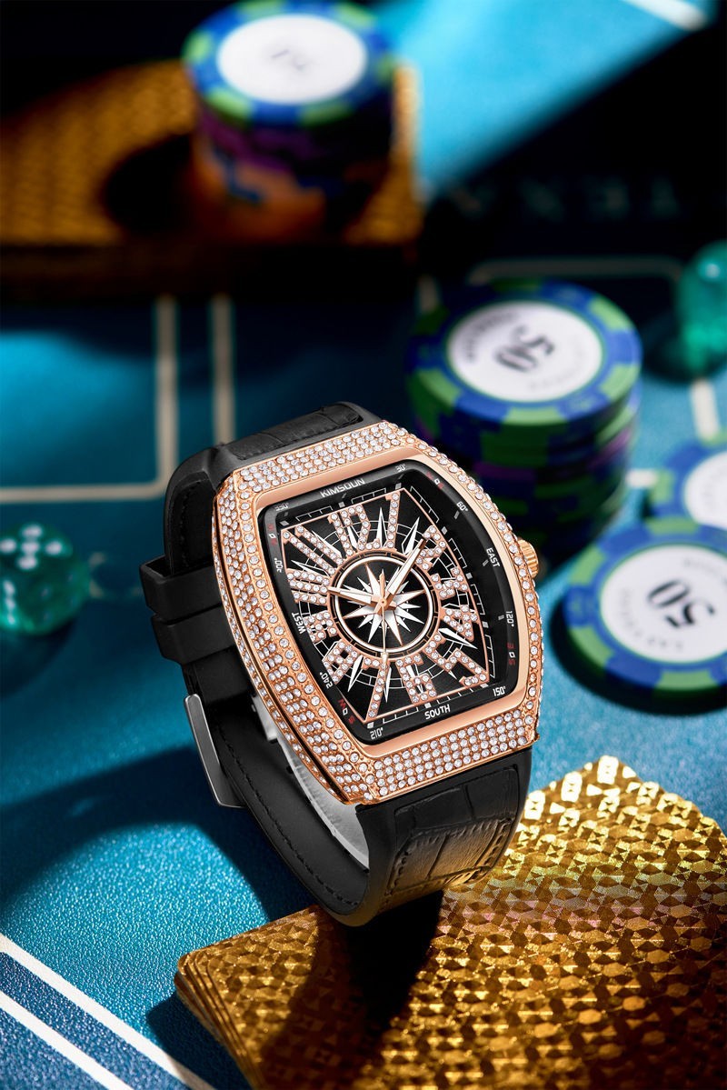 Luxury Mens Skull Big Face Watches Rectangle Punk Diamond Dial Leather Strap