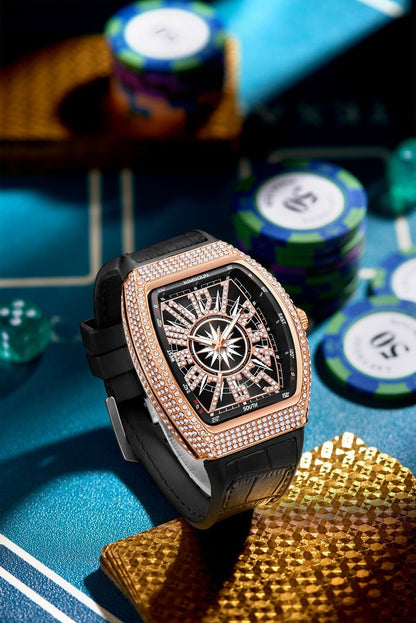 Luxury Mens Skull Big Face Watches Rectangle Punk Diamond Dial Leather Strap