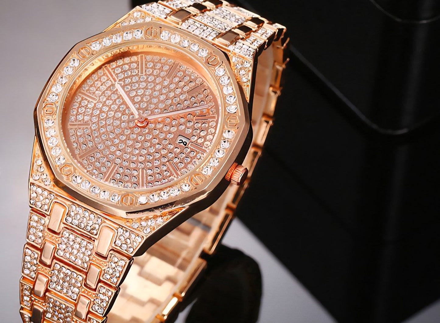 Simulated Quartz Iced Luxury Watch Mens Date Gold Diamond Bling Hip Hop Plated