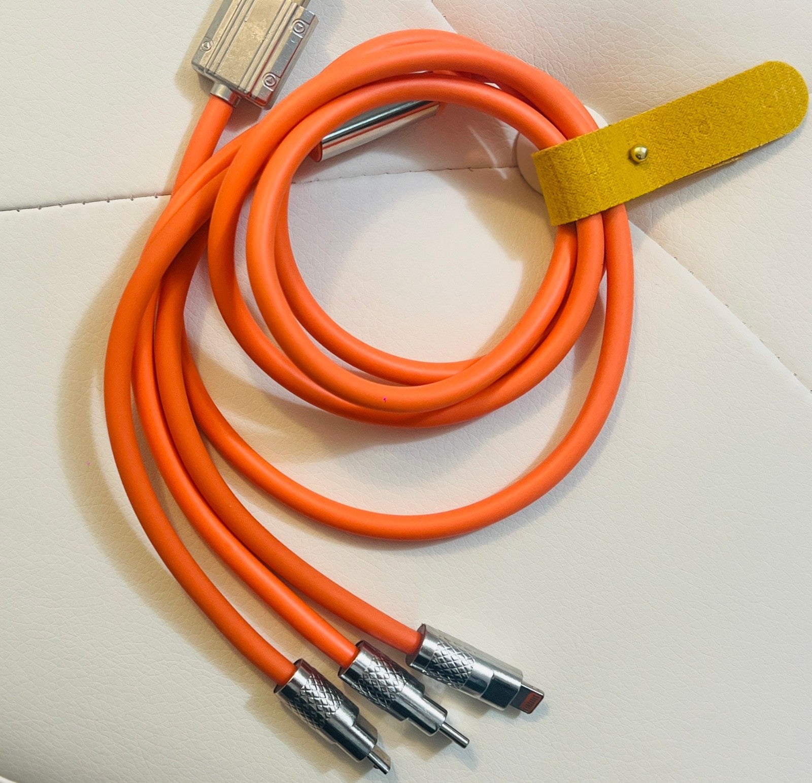 Durable Fast-Charging 3-in-1 Orange USB Cable with Leather Strap Organizer