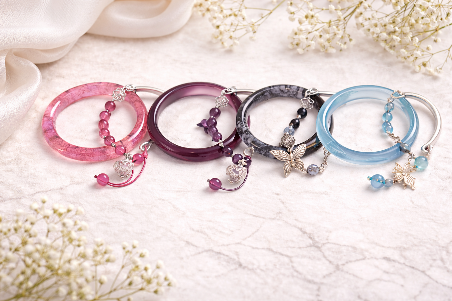 Gemstone Bangle Bracelet with Charm – Elegant Glass & Beaded Bracelet, Random