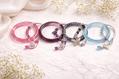 Gemstone Bangle Bracelet with Charm – Elegant Glass & Beaded Bracelet, Random