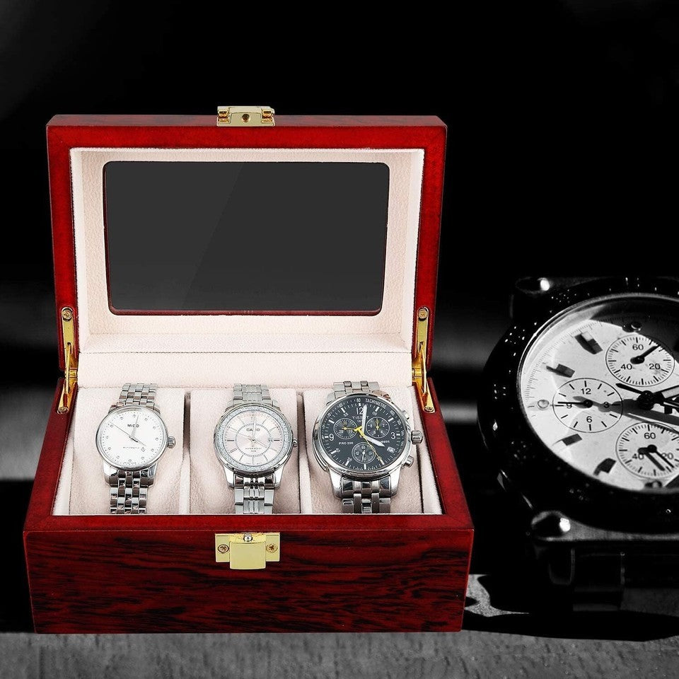 3 Slot Unisex Wood Watch Box Case Organizer Glass Display Jewelry Storage