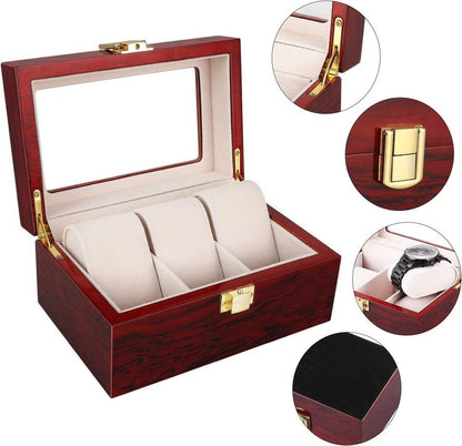 3 Slot Unisex Wood Watch Box Case Organizer Glass Display Jewelry Storage