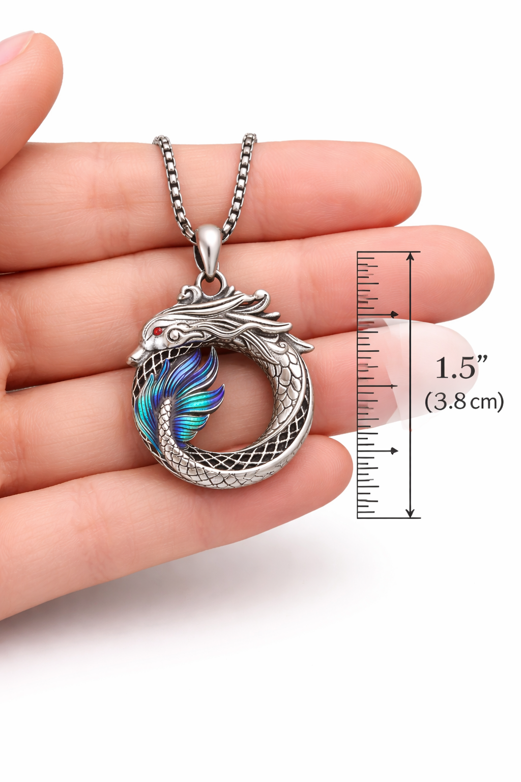 Dragon Ouroboros Necklace – Fantasy Dragon Pendant w Chain, Blue or Purple Wing