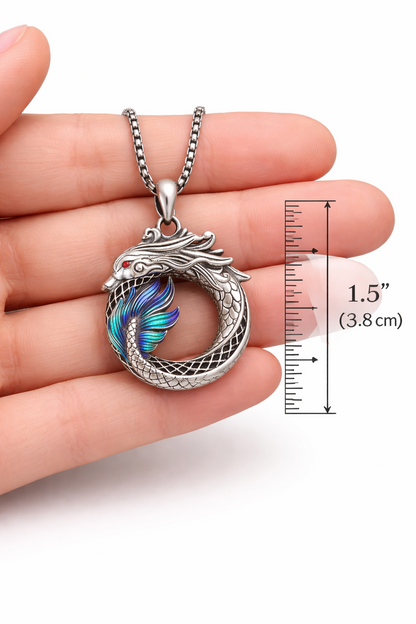 Dragon Ouroboros Necklace – Fantasy Dragon Pendant w Chain, Blue or Purple Wing
