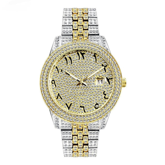 MEN'S ICED LUXURY GOLD PLATED SIMULATED DIAMOND METAL BAND WRIST HIP HOP WATCH 