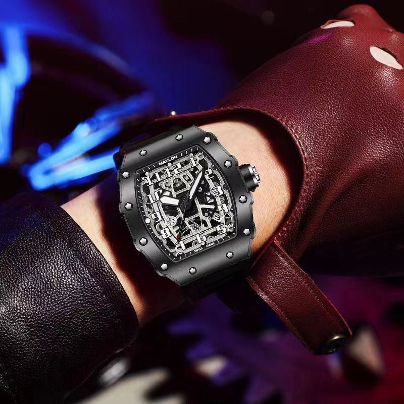 Men's Pentagram Barrel Shaped Watch Multi-Function Quartz Black Watch