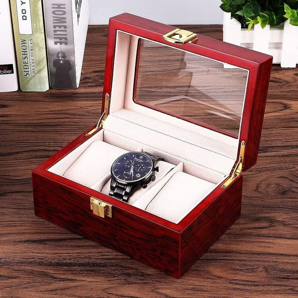 3 Slot Unisex Wood Watch Box Case Organizer Glass Display Jewelry Storage