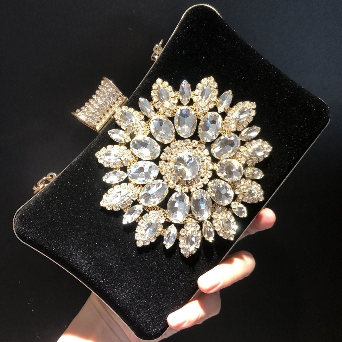  black velvet clutch With Big Stone Flowers