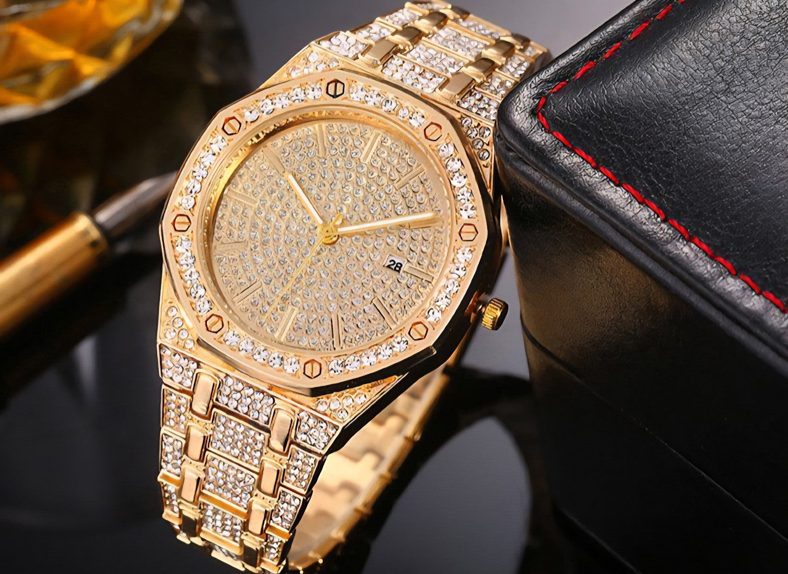 Simulated Quartz Iced Luxury Watch Mens Date Gold Diamond Bling Hip Hop Plated