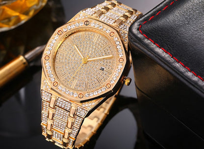 Simulated Quartz Iced Luxury Watch Mens Date Gold Diamond Bling Hip Hop Plated