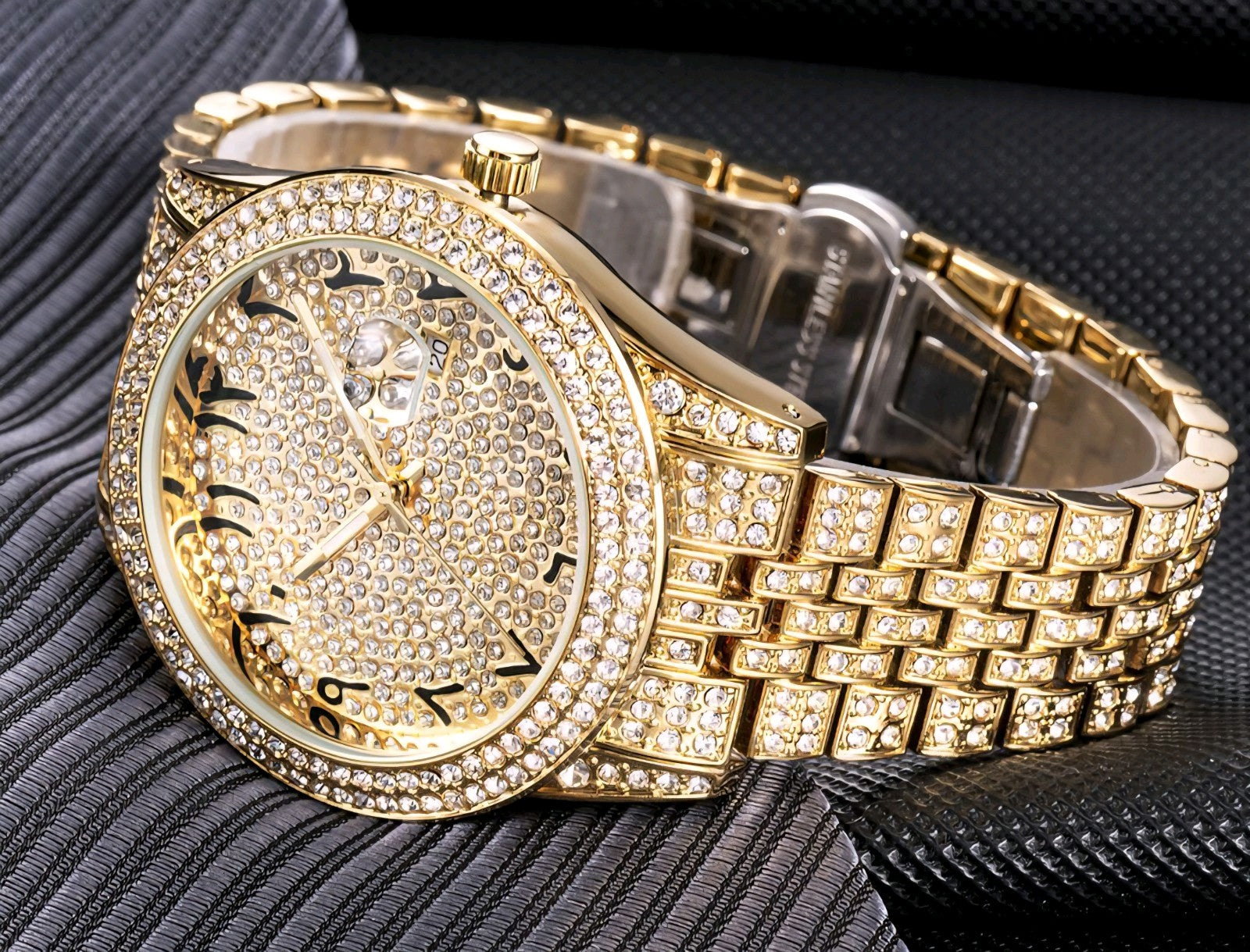Gold-Plated Iced Hip Hop Watch Unisex Metal Band with Simulated Diamonds
