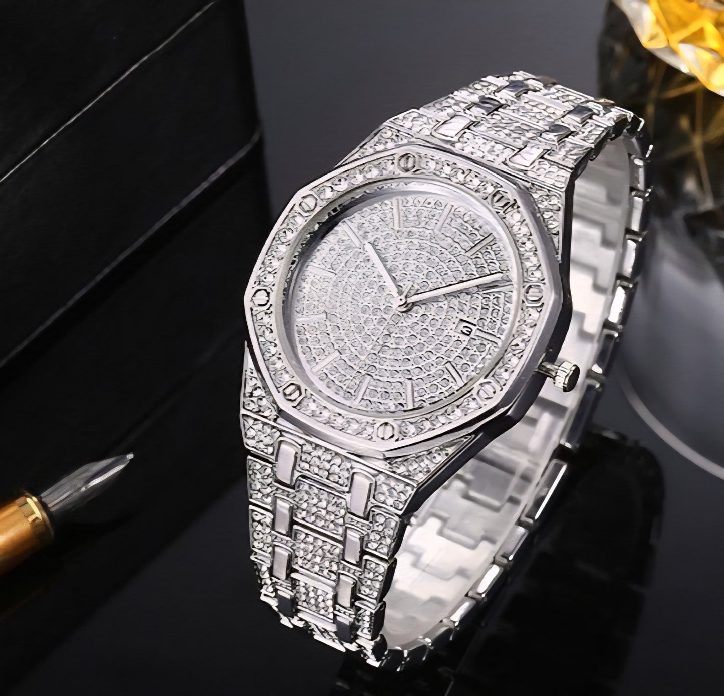 Simulated Quartz Iced Luxury Watch Mens Date Gold Diamond Bling Hip Hop Plated