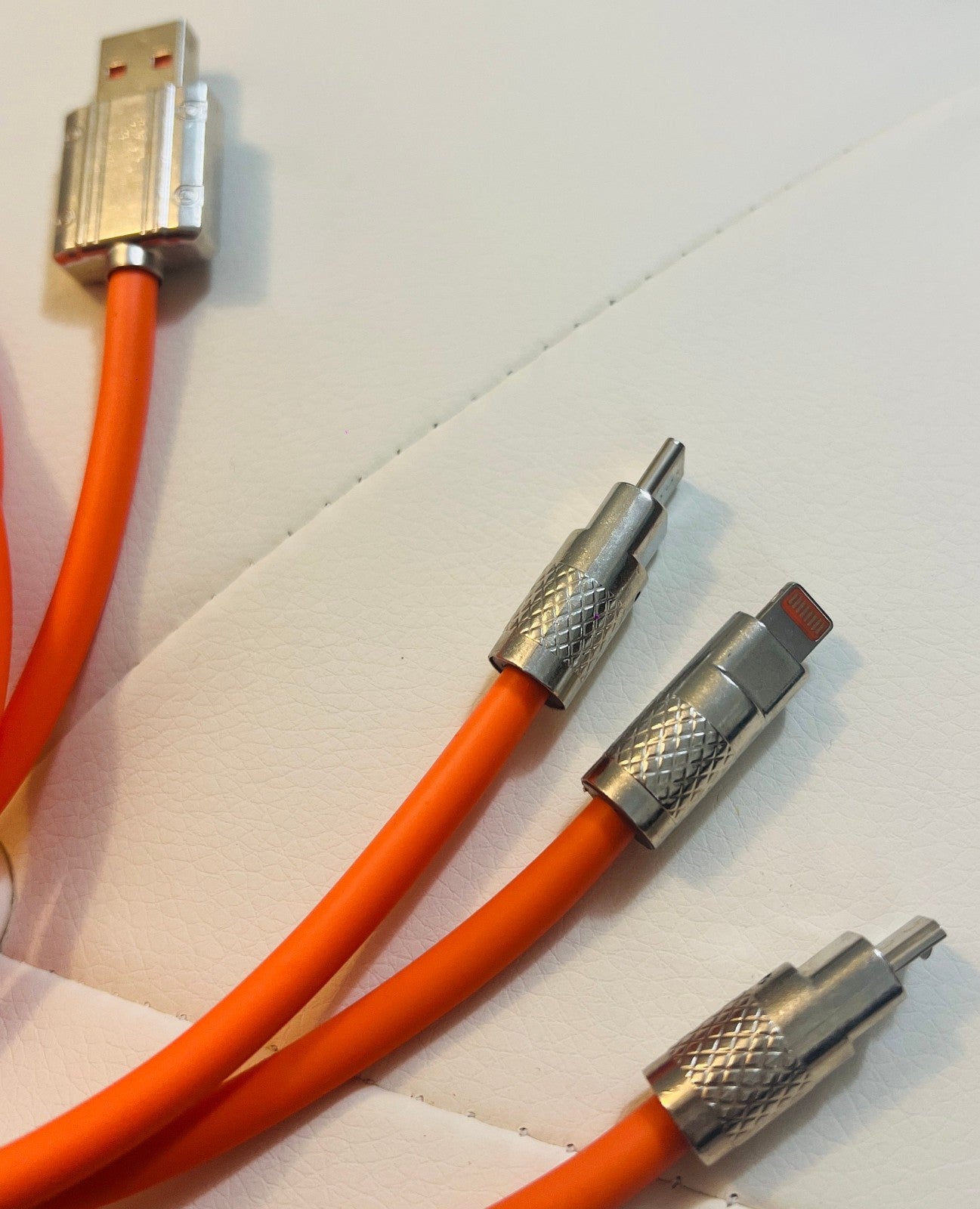 Durable Fast-Charging 3-in-1 Orange USB Cable with Leather Strap Organizer