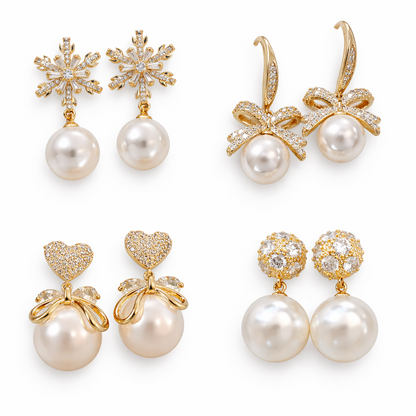Gold Pearl Drop Earrings – CZ Crystal Snowflake, Bow, Heart or Cluster Style