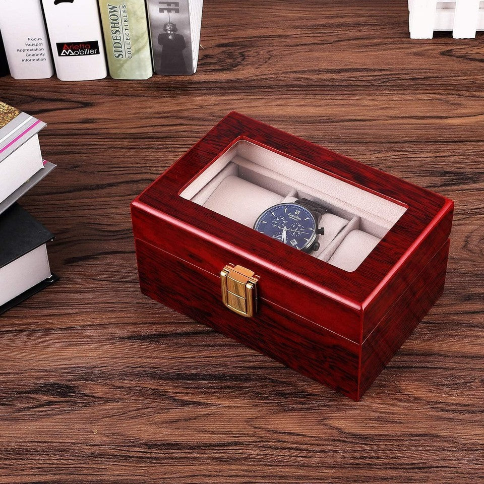 3 Slot Unisex Wood Watch Box Case Organizer Glass Display Jewelry Storage