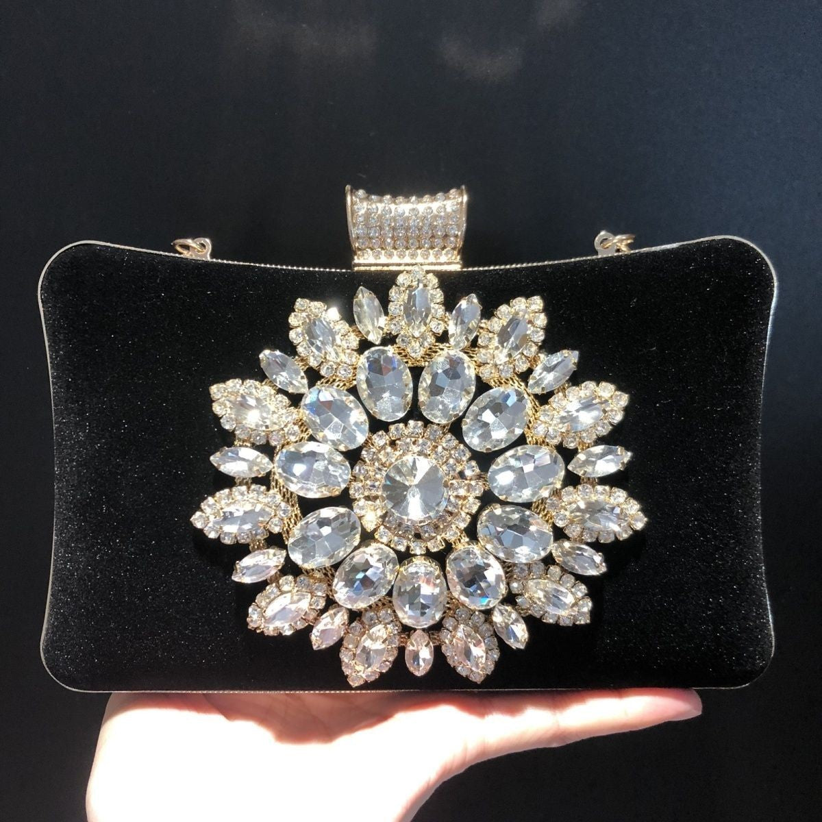  black velvet clutch With Big Stone Flowers