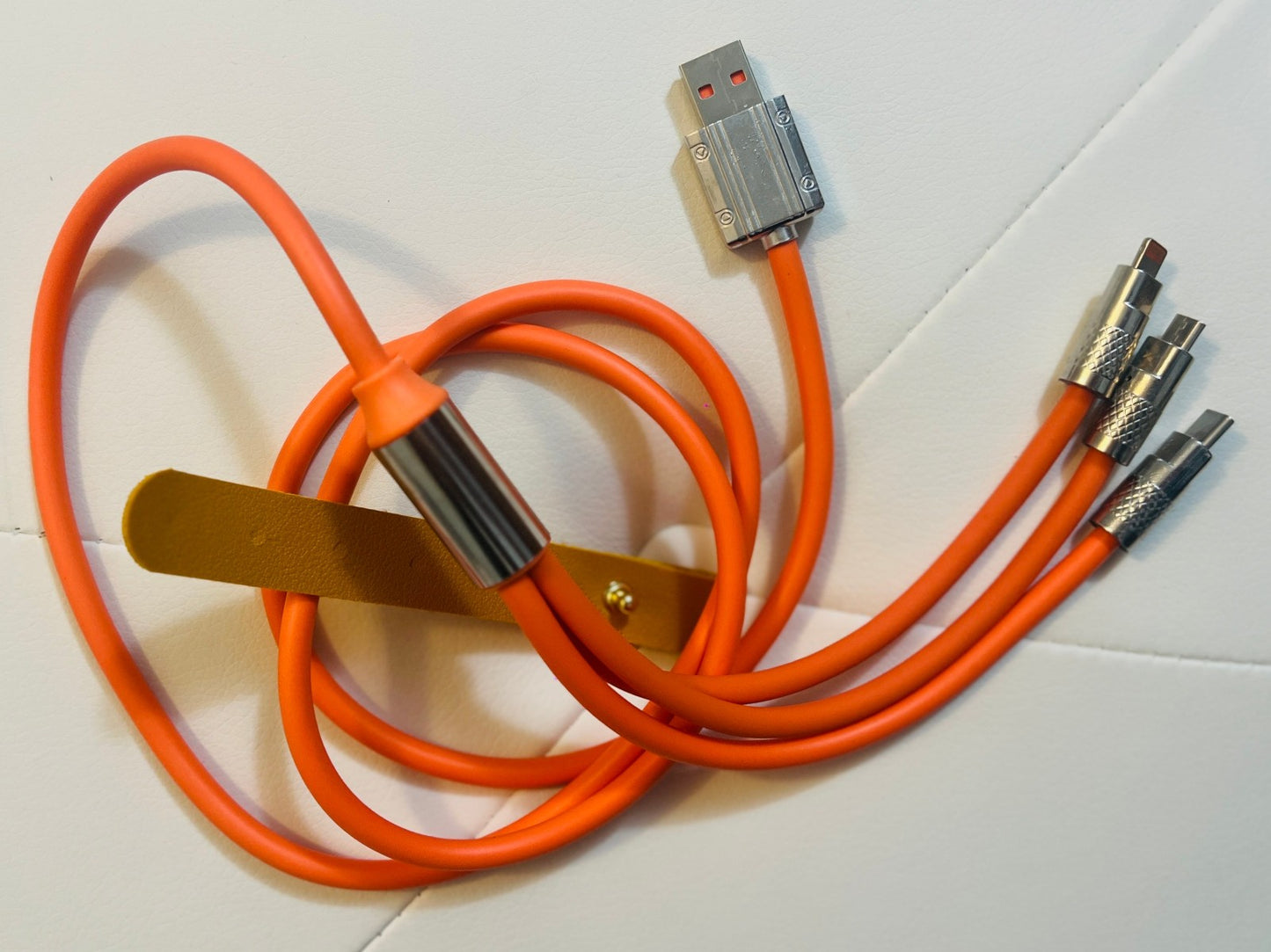 Durable Fast-Charging 3-in-1 Orange USB Cable with Leather Strap Organizer