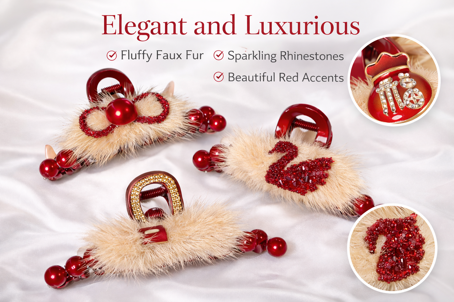 Luxury Faux Fur Hair Claw Clip – Red Rhinestone Hair Accessory