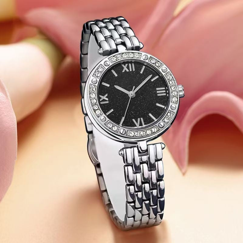 Ladies Stainless Steel Crystal Black Dial Watch