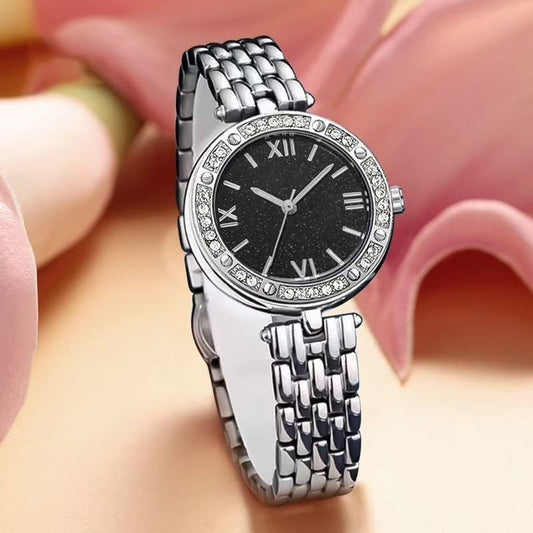 Ladies Stainless Steel Crystal Black Dial Watch