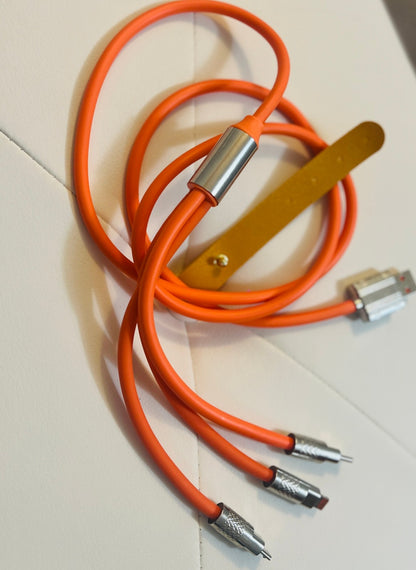 Durable Fast-Charging 3-in-1 Orange USB Cable with Leather Strap Organizer
