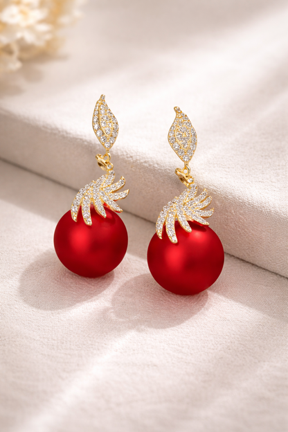Luxury Gold-Tone Red Pearl Drop Earrings  CZ Crystal Statement Jewelry