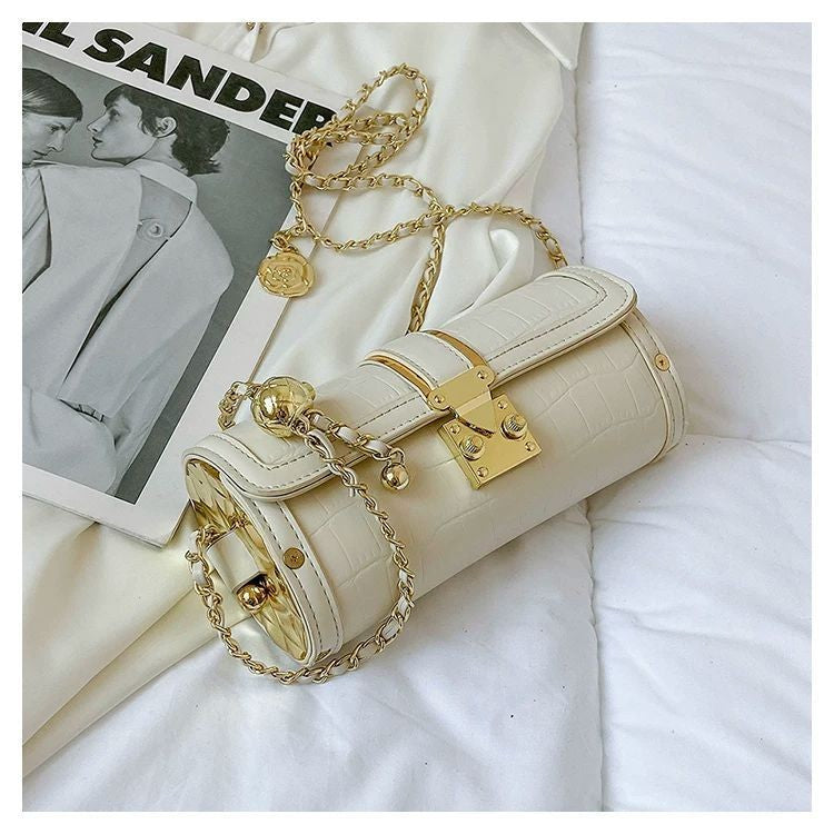 Leather Handbag for Women Small Shoulder Bag Gold Chain Embossed Flower Pattern