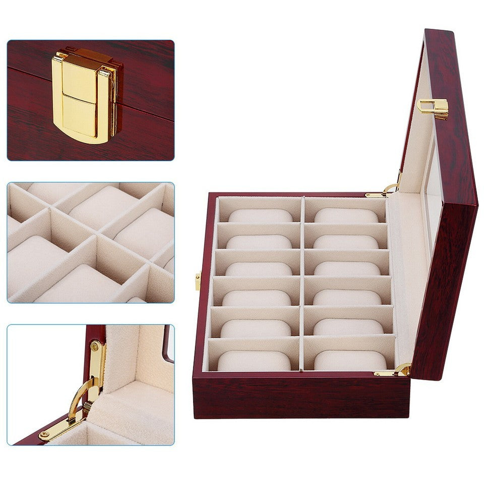 12 Slots Man Wooden Watch Display Box Jewelry Storage Organizer Case Holder