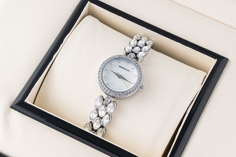 Watch And Bracelet Set Elegant Silver Rhinestone Wrist Watch For Women
