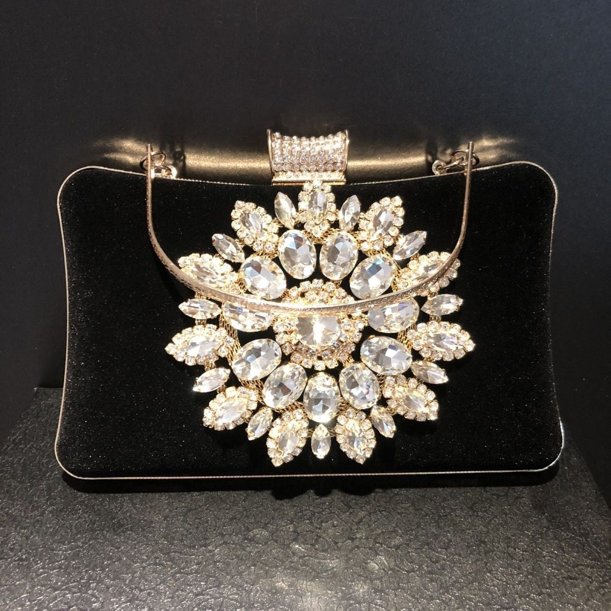  black velvet clutch With Big Stone Flowers