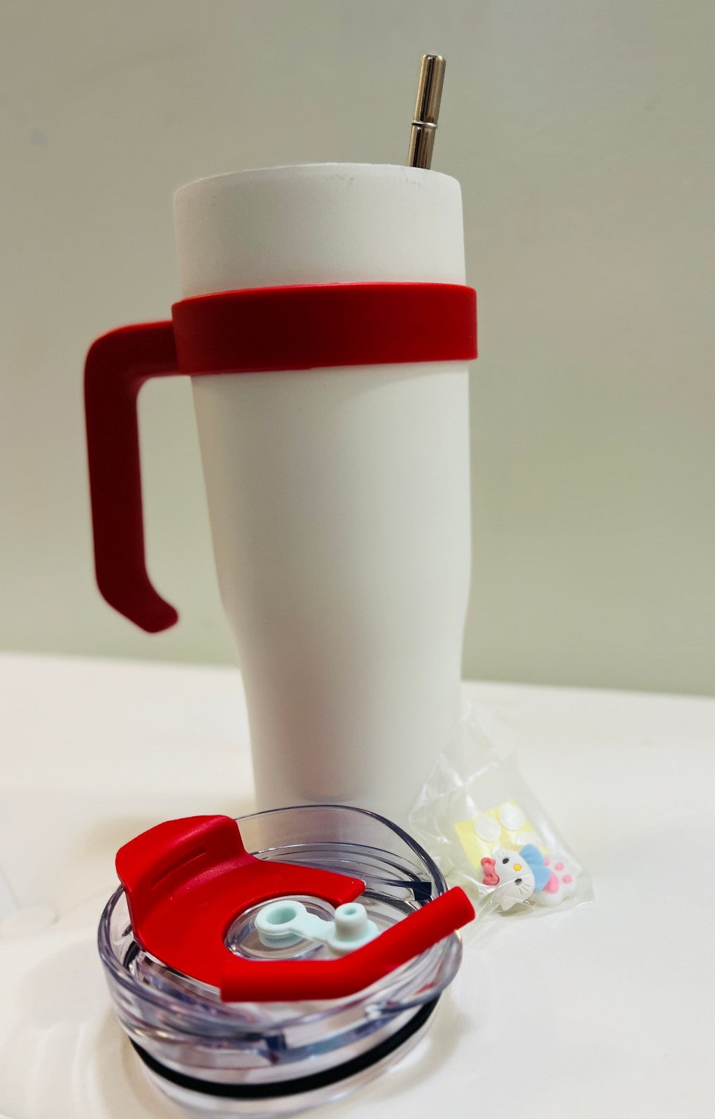 White Travel Tumbler with Red Handle + Straw, Lid & Cute Straw Toppers | 40 oz