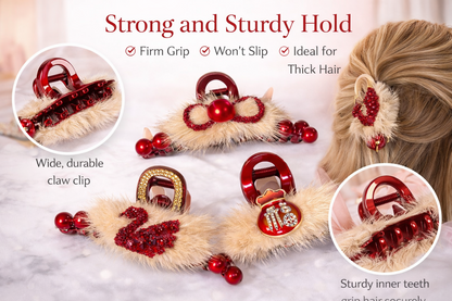 Luxury Faux Fur Hair Claw Clip – Red Rhinestone Hair Accessory