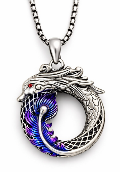 Dragon Ouroboros Necklace – Fantasy Dragon Pendant w Chain, Blue or Purple Wing