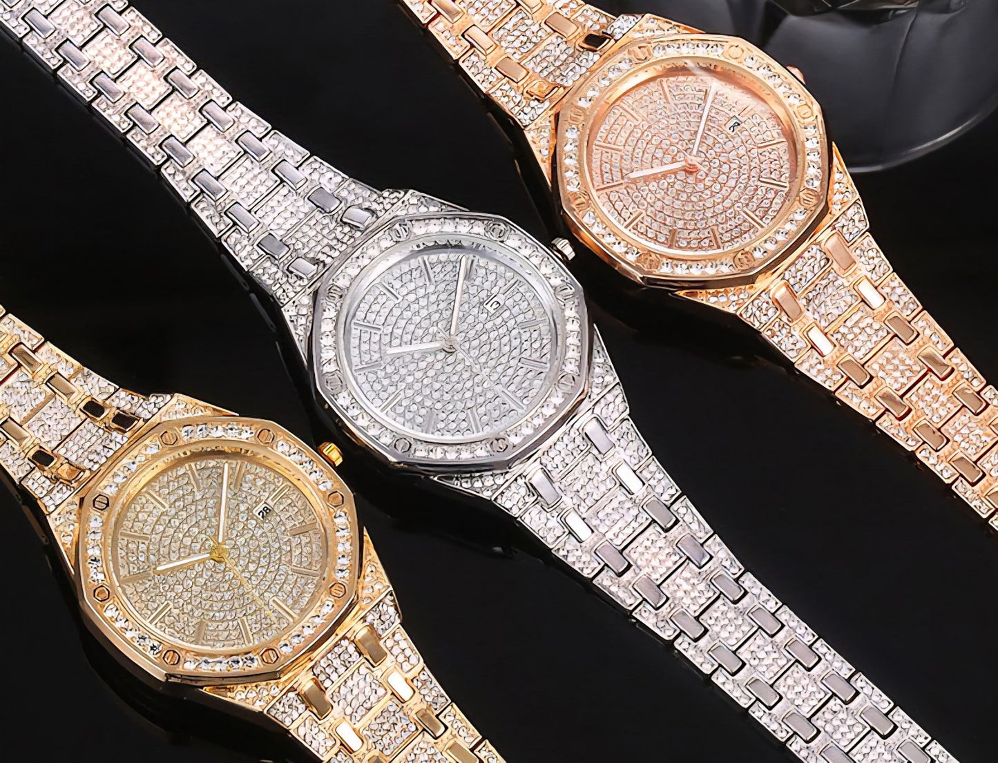 Simulated Quartz Iced Luxury Watch Mens Date Gold Diamond Bling Hip Hop Plated