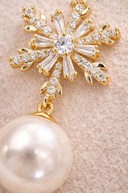 Gold Pearl Drop Earrings – CZ Crystal Snowflake, Bow, Heart or Cluster Style