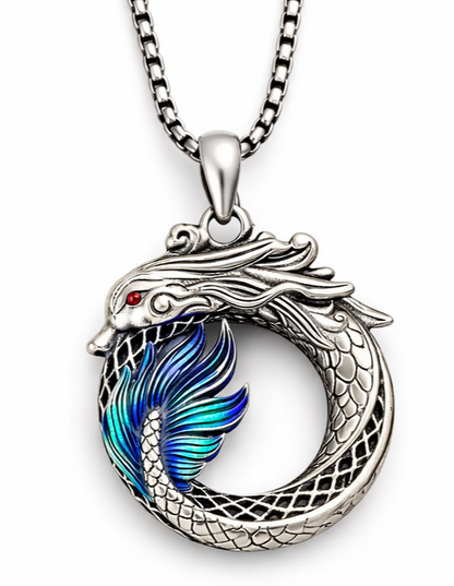 Dragon Ouroboros Necklace – Fantasy Dragon Pendant w Chain, Blue or Purple Wing