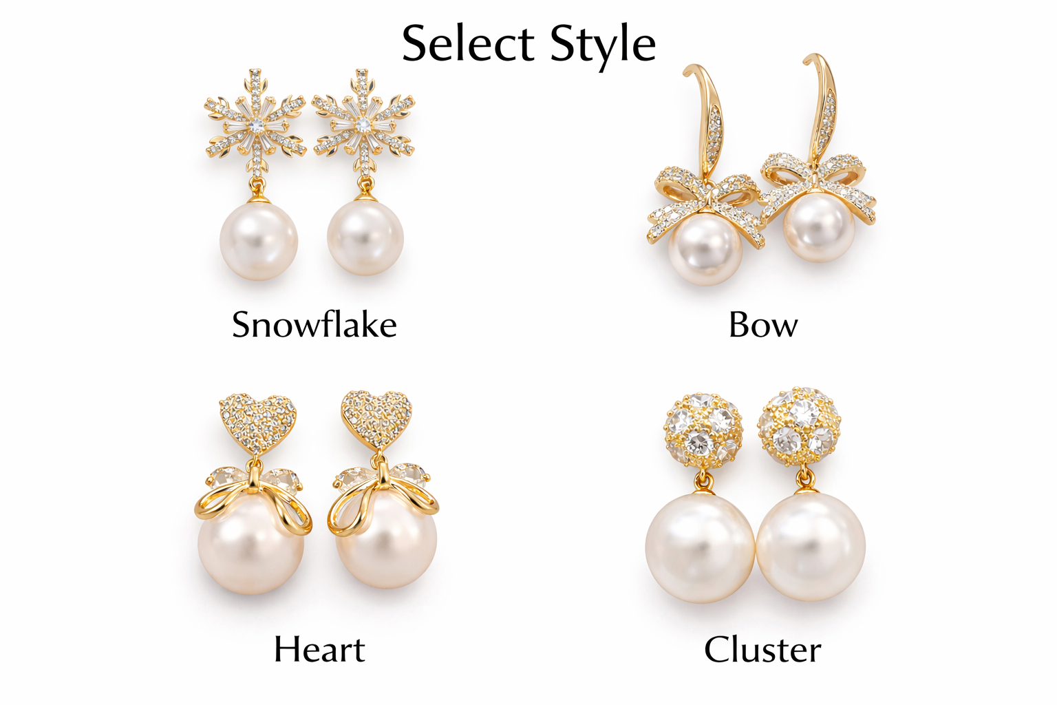 Gold Pearl Drop Earrings – CZ Crystal Snowflake, Bow, Heart or Cluster Style