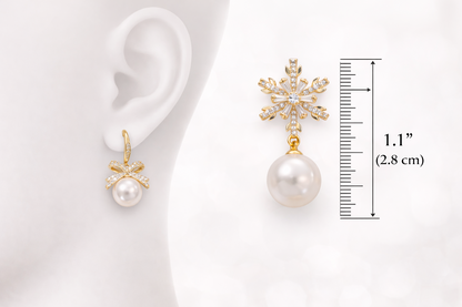 Gold Pearl Drop Earrings – CZ Crystal Snowflake, Bow, Heart or Cluster Style