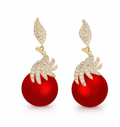 Luxury Gold-Tone Red Pearl Drop Earrings  CZ Crystal Statement Jewelry