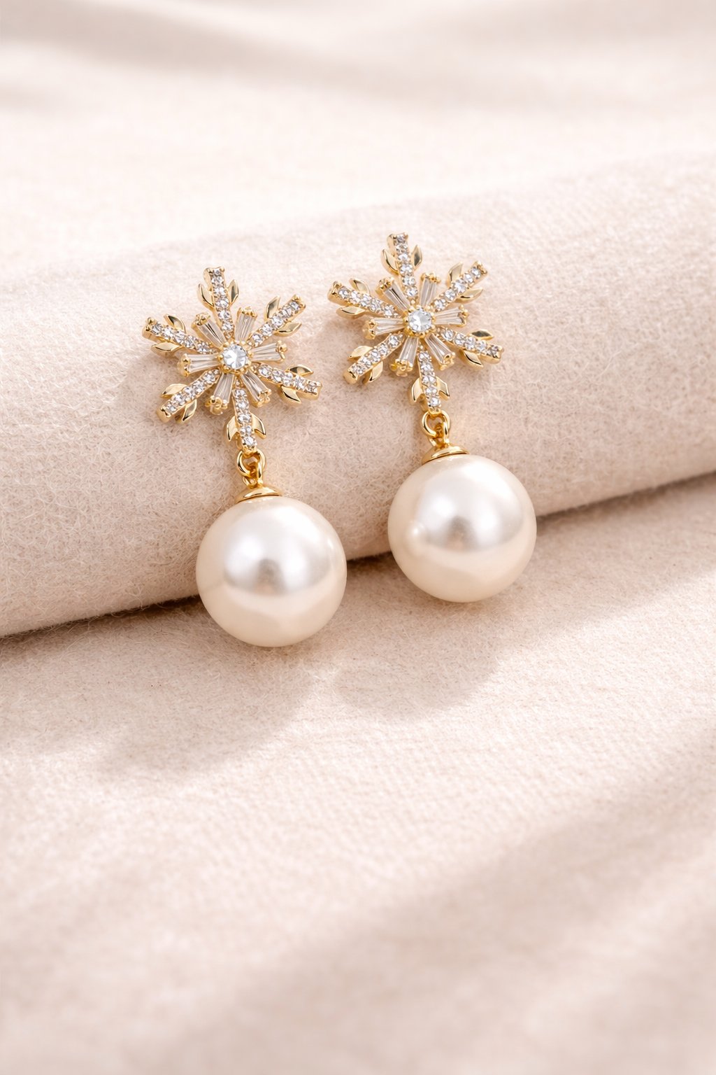 Gold Pearl Drop Earrings – CZ Crystal Snowflake, Bow, Heart or Cluster Style
