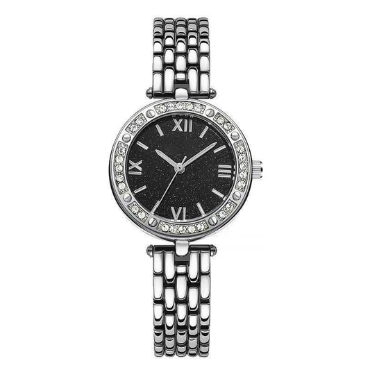 Ladies Stainless Steel Crystal Black Dial Watch