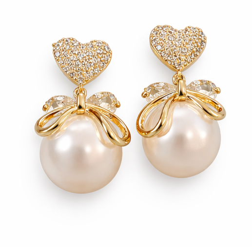 Gold Pearl Drop Earrings – CZ Crystal Snowflake, Bow, Heart or Cluster Style